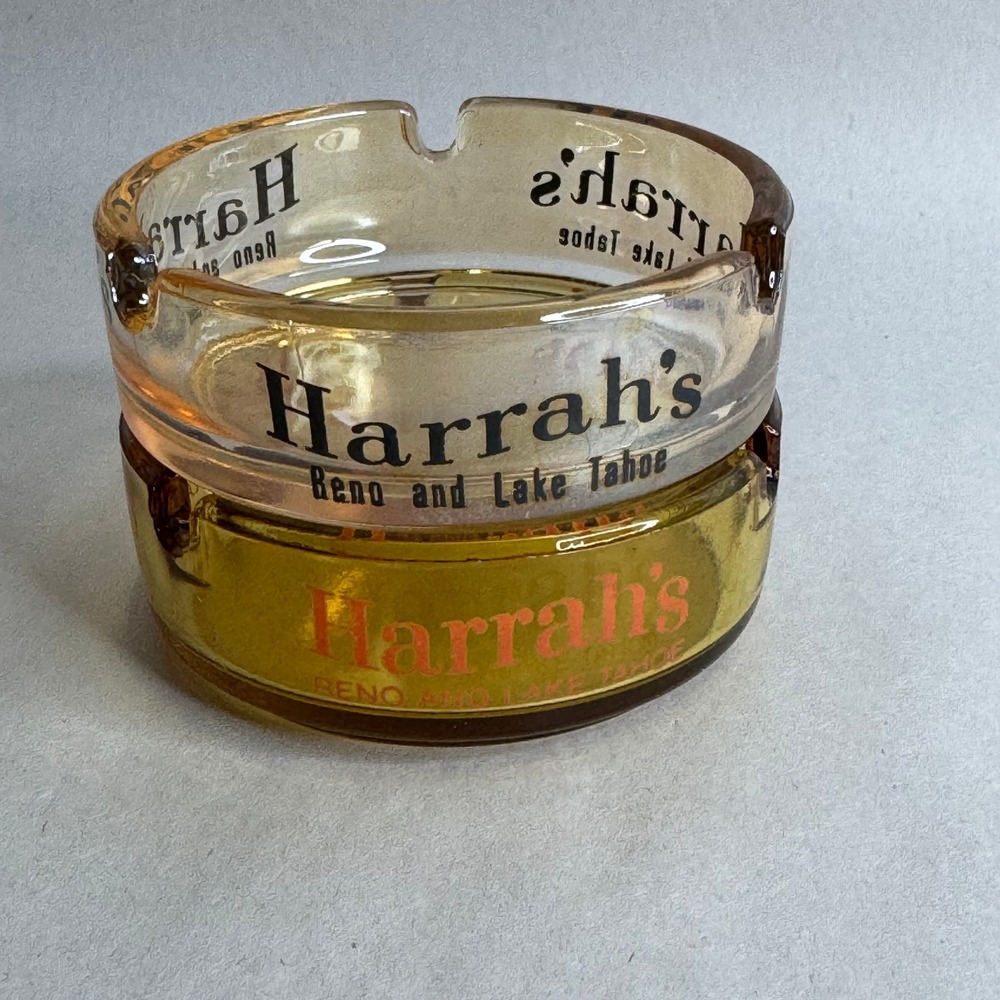 Vintage Harrah's Reno and Lake Tahoe Glass Ashtray Set Amber and Clear 2pc